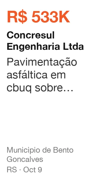 Concresul Engenharia Ltda won R$ 533K from Municipio de Bento Goncalves (RS), published Oct 9: Pavimentação asfáltica em cbuq sobre paralelepípedo na rua joão camerini - trecho 1, bairr