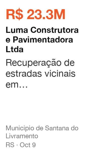 Luma Construtora e Pavimentadora Ltda won R$ 23.3M from Municipio de Santana do Livramento (RS), published Oct 9: Recuperação de estradas vicinais em assentamento(s) no município de santana do livramento/