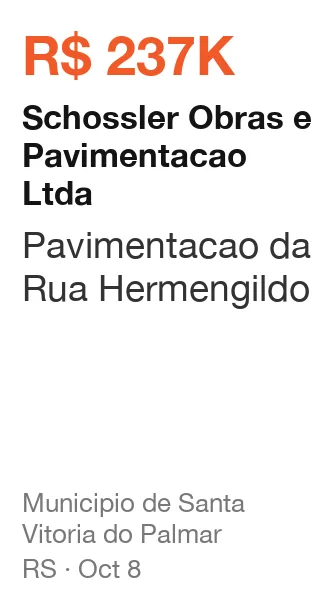 Schossler Obras e Pavimentacao Ltda won R$ 237K from Municipio de Santa Vitoria do Palmar (RS), published Oct 8: Pavimentacao da Rua Hermengildo