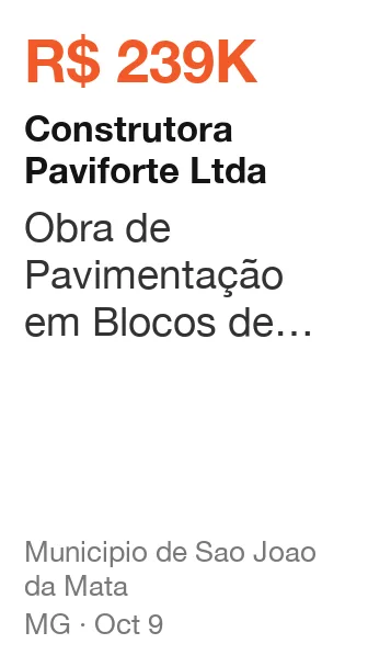 Construtora Paviforte Ltda won R$ 239K from Municipio de Sao Joao da Mata (MG), published Oct 9: Obra de Pavimentação em Blocos de Concreto Intertravado, Drenagem e Sinalização, em Vias U