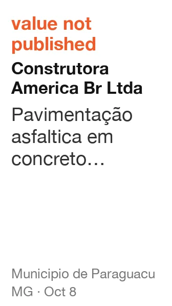 Construtora America Br Ltda won a contract (value not published) from Municipio de Paraguacu (MG), published Oct 8: Pavimentação asfaltica em concreto betuminoso usinado a quente (CBUQ) da Rua Manoel Bueno