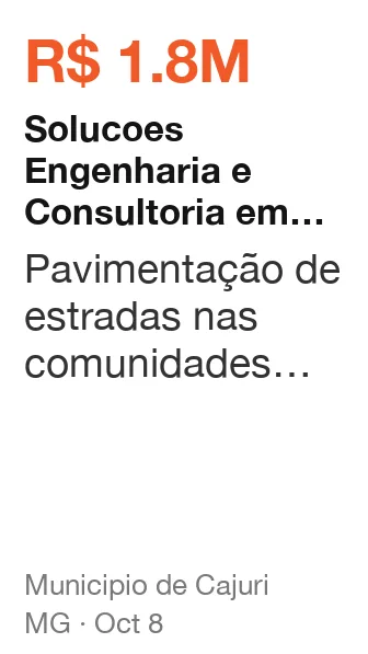Solucoes Engenharia e Consultoria em Projetos e Convenios Ltda. won R$ 1.8M from Municipio de Cajuri (MG), published Oct 8: Pavimentação de estradas nas comunidades rurais de Caxixe, Sapé e Bom Jardim município de