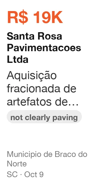 Santa Rosa Pavimentacoes Ltda won R$ 19K from Municipio de Braco do Norte (SC), published Oct 9: Aquisição fracionada de artefatos de concreto (renovado) (not clearly paving)