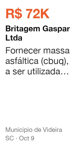Britagem Gaspar Ltda won R$ 72K from Municipio de Videira (SC), published Oct 9: Fornecer massa asfáltica (cbuq), a ser utilizada pela secretaria de desenvolvimento urbano
