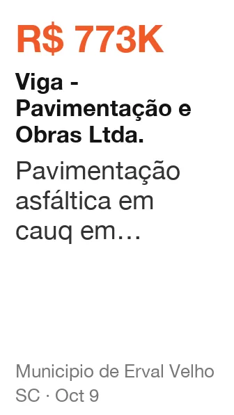 Viga - Pavimentação e Obras Ltda. won R$ 773K from Municipio de Erval Velho (SC), published Oct 9: Pavimentação asfáltica em cauq em diversas ruas do município de erval velho, sendo partes