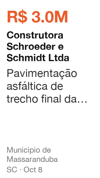 Construtora Schroeder e Schmidt Ltda won R$ 3.0M from Municipio de Massaranduba (SC), published Oct 8: Pavimentação asfáltica de trecho final da estrada são miguel
