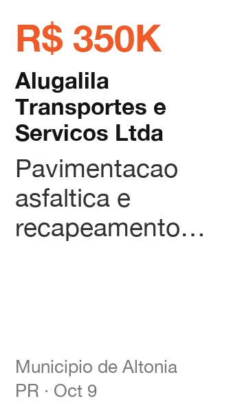 Alugalila Transportes e Servicos Ltda won R$ 350K from Municipio de Altonia (PR), published Oct 9: Pavimentacao asfaltica e recapeamento de vias urbanas
