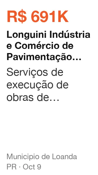 Longuini Indústria e Comércio de Pavimentação Ltda won R$ 691K from Municipio de Loanda (PR), published Oct 9: Serviços de execução de obras de recapeamento asfáltico em vias urbanas em C.B.U.Q, com ár