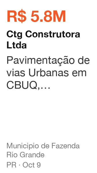 Ctg Construtora Ltda won R$ 5.8M from Municipio de Fazenda Rio Grande (PR), published Oct 9: Pavimentação de vias Urbanas em CBUQ, incluindo os serviços preliminares, terraplenagem, b
