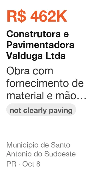 Construtora e Pavimentadora Valduga Ltda won R$ 462K from Municipio de Santo Antonio do Sudoeste (PR), published Oct 8: Obra com fornecimento de material e mão de obra, conforme memorial descritivo, cronograma (not clearly paving)