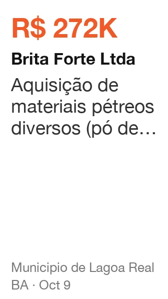 Brita Forte Ltda won R$ 272K from Municipio de Lagoa Real (BA), published Oct 9: Aquisição de materiais pétreos diversos (pó de brita, brita 0, brita 1 e brita 2), destina