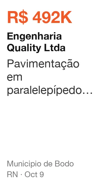 Engenharia Quality Ltda won R$ 492K from Municipio de Bodo (RN), published Oct 9: Pavimentação em paralelepípedo na Comunidade Jatuarana no Município de Bodó/RN