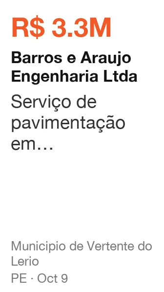 Barros e Araujo Engenharia Ltda won R$ 3.3M from Municipio de Vertente do Lerio (PE), published Oct 9: Serviço de pavimentação em intertravado da via de acesso ao sítio da pá virada, início (se