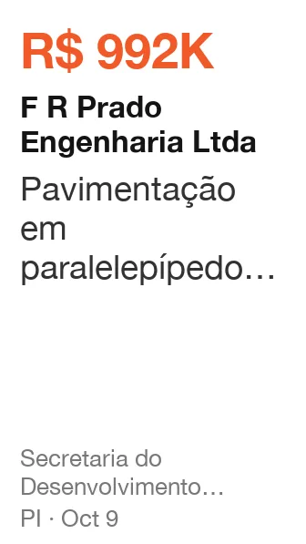 F R Prado Engenharia Ltda won R$ 992K from Secretaria do Desenvolvimento Economico e Tecnologico (PI), published Oct 9: Pavimentação em paralelepípedo em vias públicas, na zona urbana e rural do município de pa