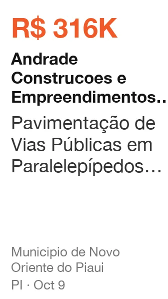 Andrade Construcoes e Empreendimentos Ltda won R$ 316K from Municipio de Novo Oriente do Piaui (PI), published Oct 9: Pavimentação de Vias Públicas em Paralelepípedos na zona rural (localidade Saco) no Municí