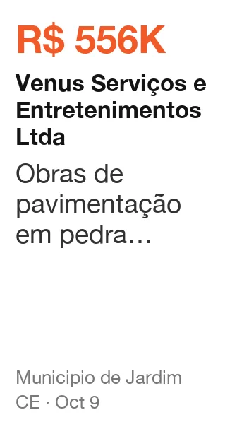 Venus Serviços e Entretenimentos Ltda won R$ 556K from Municipio de Jardim (CE), published Oct 9: Obras de pavimentação em pedra tosca em diversas ruas no bairro beatriz pequeno teles no m