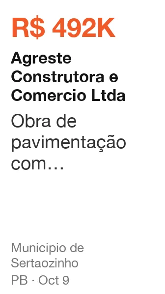 Agreste Construtora e Comercio Ltda won R$ 492K from Municipio de Sertaozinho (PB), published Oct 9: Obra de pavimentação com paralelepípedo de pedra granítica, na Avenida Nelson Nunes da Sil