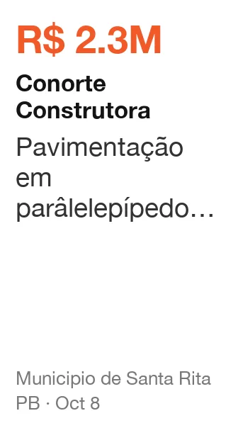 Conorte Construtora won R$ 2.3M from Municipio de Santa Rita (PB), published Oct 8: Pavimentação em parâlelepípedo e sistema de drenagem de águas pluviais na rua senhorinha r