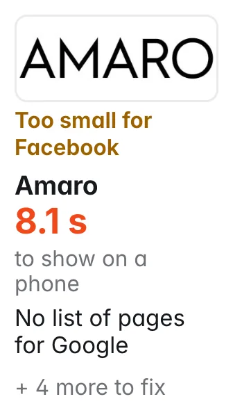 Amaro: share picture too small for Facebook to show; 8.1 s to show on a phone; No list of pages for Google; Title is only 5 characters