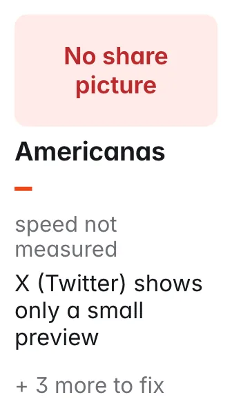 Americanas: no working share picture; speed not measured; No share picture; X (Twitter) shows only a small preview
