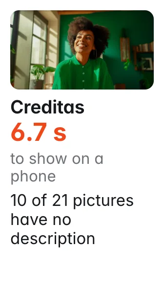 Creditas: share picture shown; 6.7 s to show on a phone; 10 of 21 pictures have no description