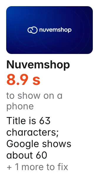 Nuvemshop: share picture shown; 8.9 s to show on a phone; Title is 63 characters; Google shows about 60; 58 of 180 pictures have no description