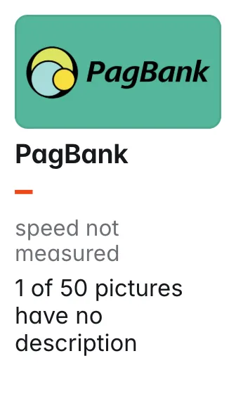 PagBank: share picture shown; speed not measured; 1 of 50 pictures have no description