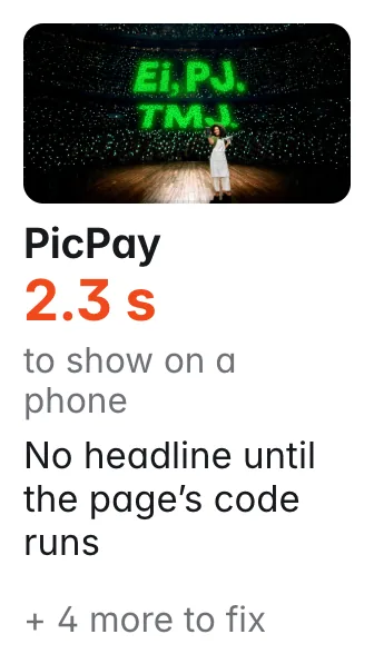 PicPay: share picture shown; 2.3 s to show on a phone; No headline until the page finishes loading; Title is only 13 characters