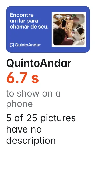 QuintoAndar: share picture shown; 6.7 s to show on a phone; 5 of 25 pictures have no description