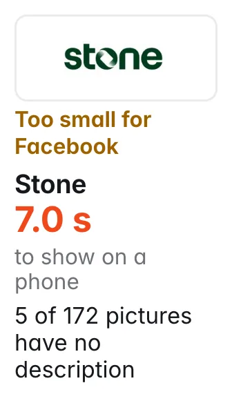 Stone: share picture too small for Facebook to show; 7.0 s to show on a phone; 5 of 172 pictures have no description