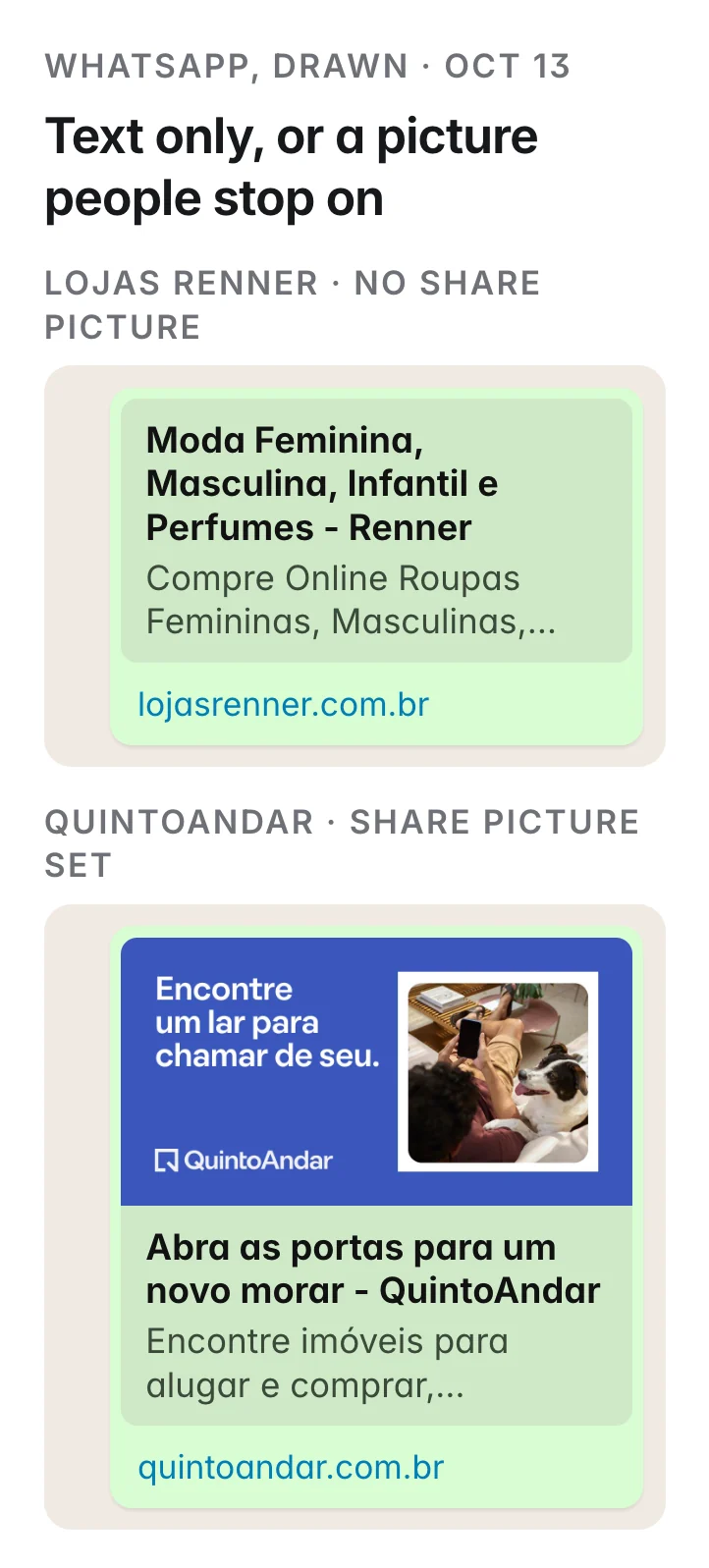 Drawn WhatsApp previews: Lojas Renner's link shows a text-only card; QuintoAndar's shows its share picture, title and description