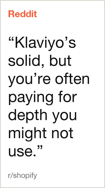Reddit, r/shopify: “Klaviyo’s solid, but you’re often paying for depth you might not use.”