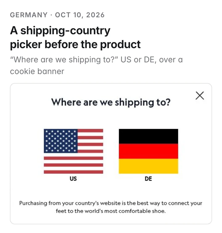 Germany, Oct 10: a Where are we shipping to? picker with US and DE over a cookie banner