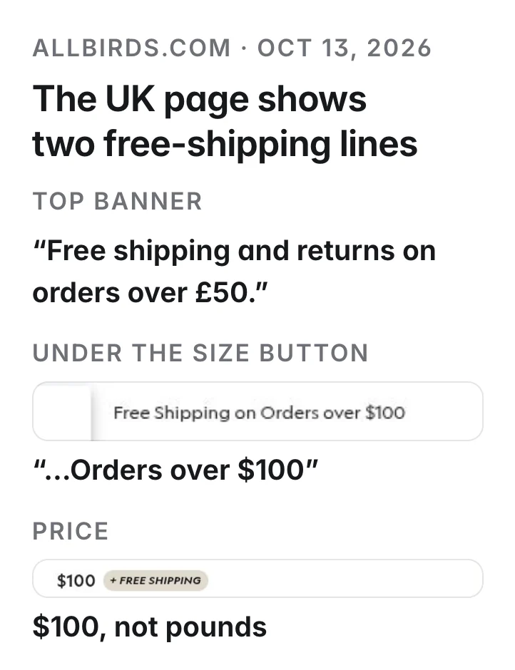 Allbirds UK page, Oct 13: top banner Free shipping and returns on orders over £50; under the size button Free Shipping on Orders over $100; price $100