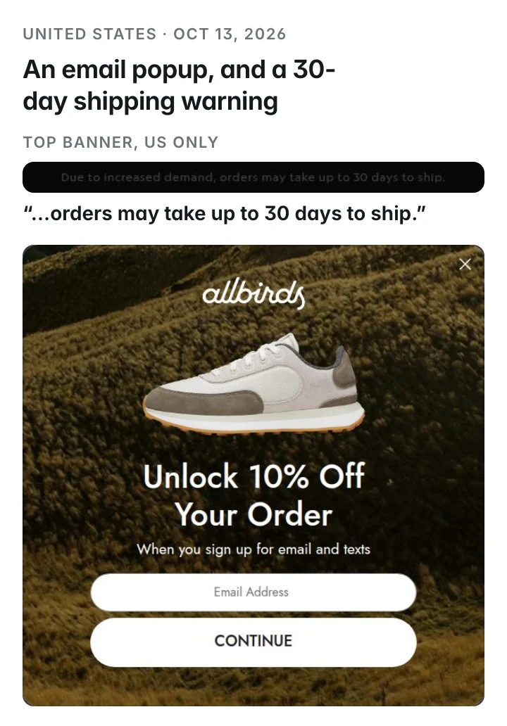 United States, Oct 13: top banner orders may take up to 30 days to ship, and an Unlock 10% Off Your Order email popup