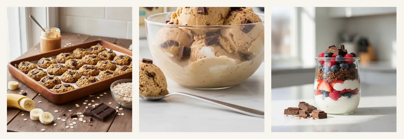 Three AI-generated ad pictures for a chocolate protein bar: cookie bites on a baking tray, protein ice cream in a bowl, and a parfait jar topped with bar pieces