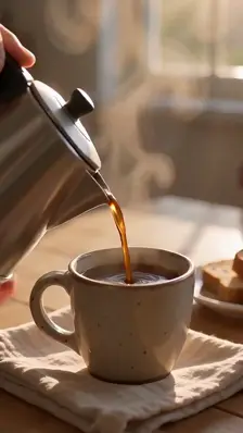 Coffee poured into a speckled handmade mug, then a sip